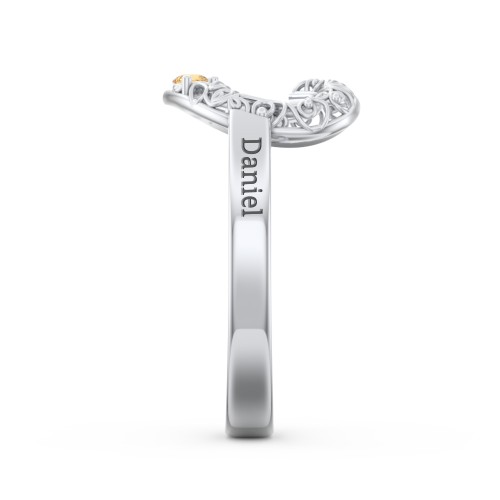 Filigree Heart Ring with Birthstones – Sterling Silver with Citrine