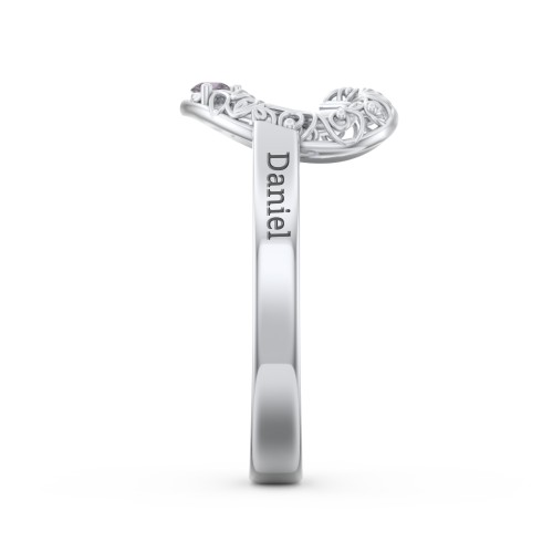 Filigree Heart Ring with Birthstones – Sterling Silver with Alexandrite