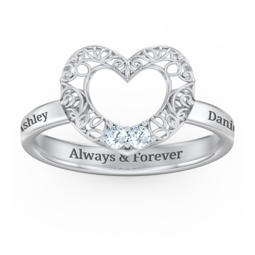 Filigree Heart Ring with Birthstones – Sterling Silver with Aquamarine