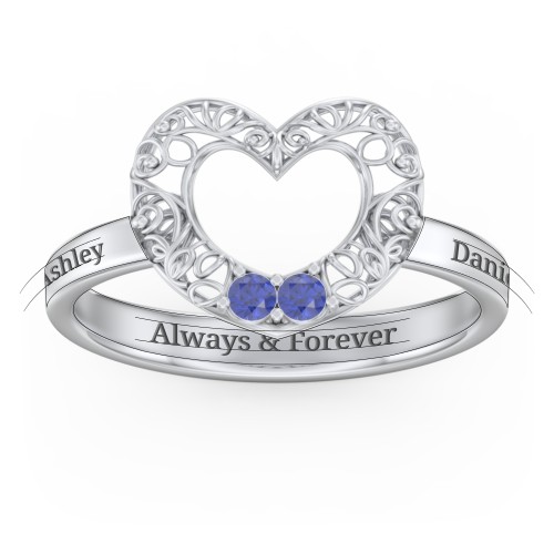 Filigree Heart Ring with Birthstones – Sterling Silver with Blue Sapphire