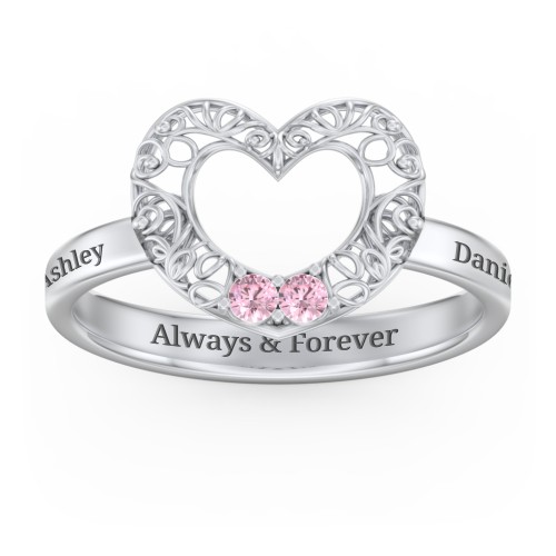 Filigree Heart Ring with Birthstones – Sterling Silver with Pink Tourmaline