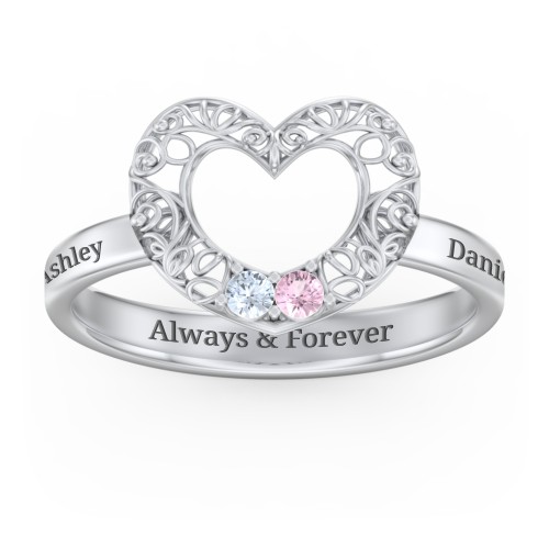 Filigree Heart Ring with Birthstones – Sterling Silver with Aquamarine and Pink Tourmaline