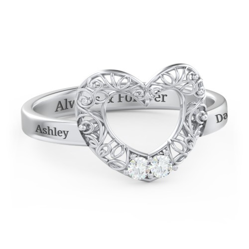 Filigree Heart Ring with Birthstones – Sterling Silver with Cubic Zirconia