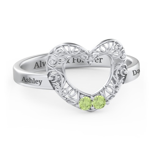 Filigree Heart Ring with Birthstones – Sterling Silver with Peridot