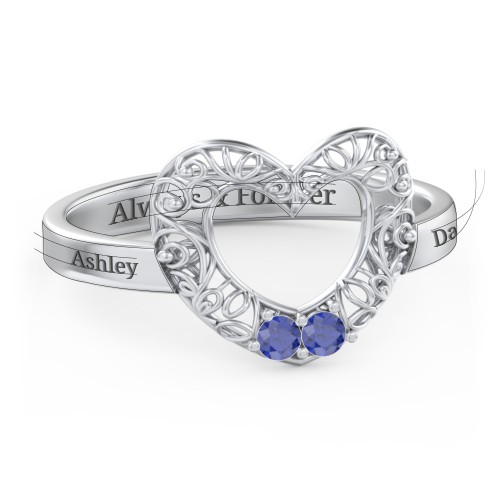 Filigree Heart Ring with Birthstones – Sterling Silver with Blue Sapphire