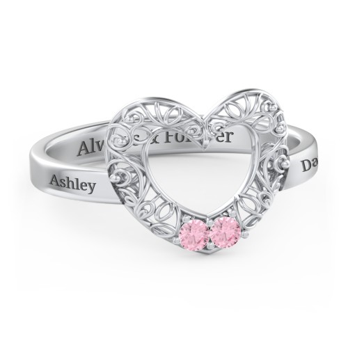 Filigree Heart Ring with Birthstones – Sterling Silver with Pink Tourmaline