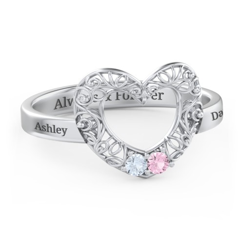 Filigree Heart Ring with Birthstones – Sterling Silver with Aquamarine and Pink Tourmaline