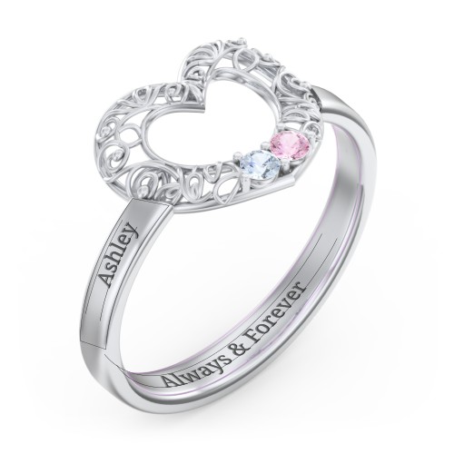 Filigree Heart Ring with Birthstones – 10K White Gold with Aquamarine and Pink Tourmaline