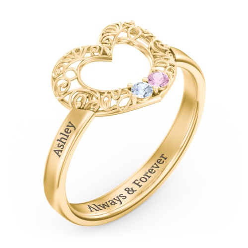 Filigree Heart Ring with Birthstones – 10K Yellow Gold with Aquamarine and Pink Tourmaline