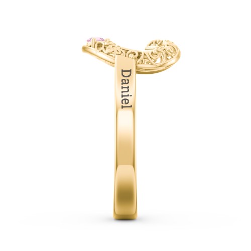 Filigree Heart Ring with Birthstones – 10K Yellow Gold with Aquamarine and Pink Tourmaline