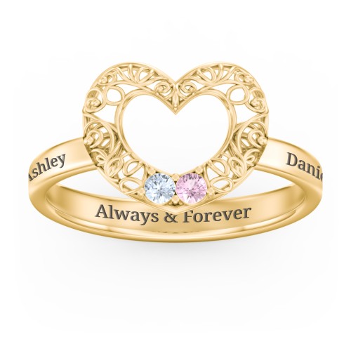 Filigree Heart Ring with Birthstones – 10K Yellow Gold with Aquamarine and Pink Tourmaline