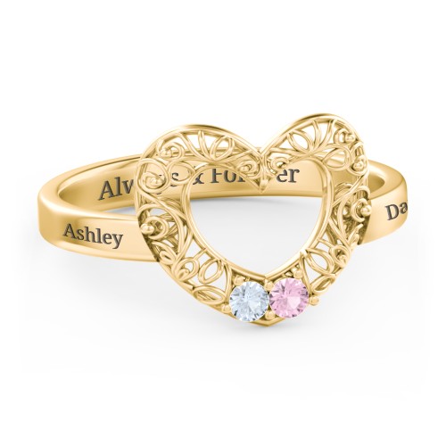 Filigree Heart Ring with Birthstones – 10K Yellow Gold with Aquamarine and Pink Tourmaline