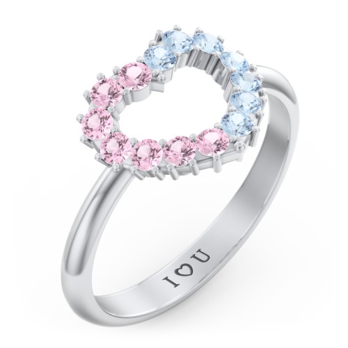 Couples Birthstone Heart Ring – Sterling Silver with Pink Tourmaline and Blue Topaz