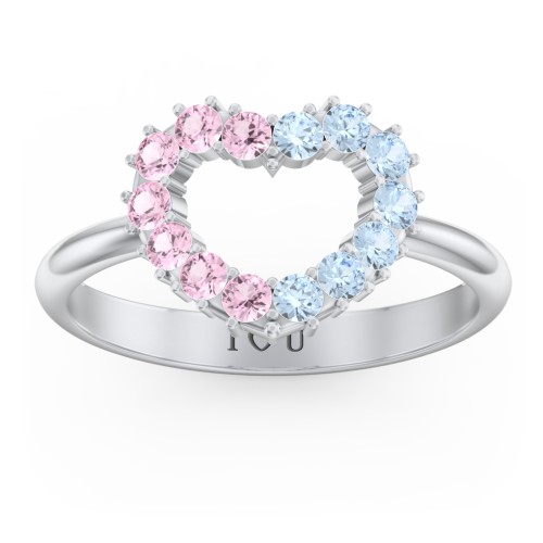 Couples Birthstone Heart Ring – Sterling Silver with Pink Tourmaline and Blue Topaz