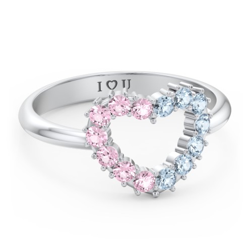 Couples Birthstone Heart Ring – Sterling Silver with Pink Tourmaline and Blue Topaz