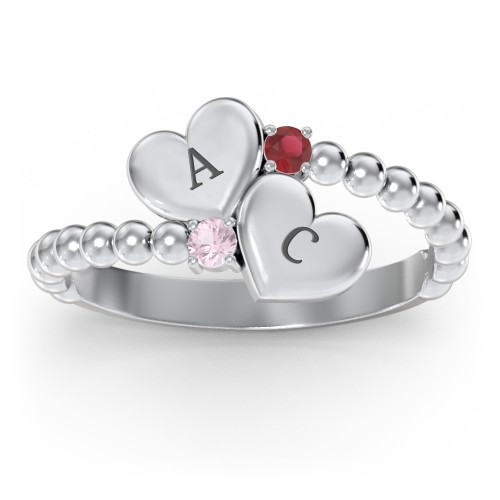 Engravable Double Heart Ring with Birthstones