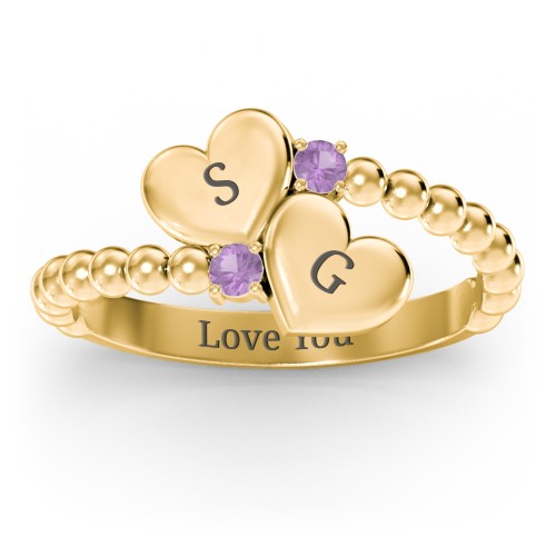 Engravable Double Heart Ring with Birthstones – 18K Gold Plated Silver with Amethyst