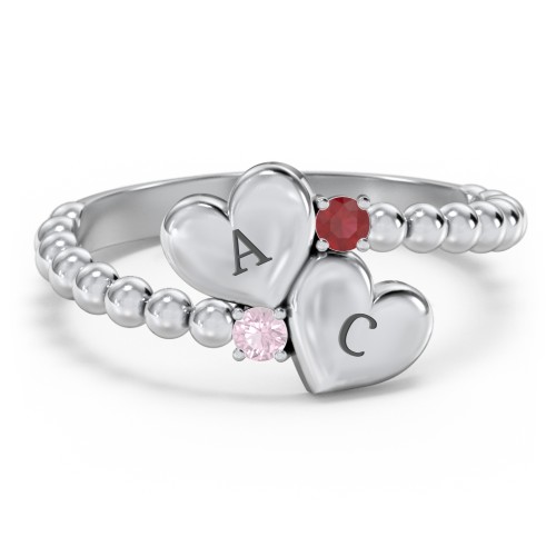 Engravable Double Heart Ring with Birthstones