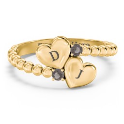Engravable Double Heart Ring with Birthstones in 18K Gold Plated Silver with Smokey Quartz