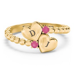 Engravable Double Heart Ring with Birthstones in 18K Gold Plated Silver with Ruby