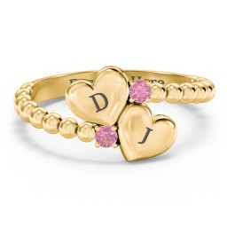 Engravable Double Heart Ring with Birthstones in 18K Gold Plated Silver with Pink Tourmaline