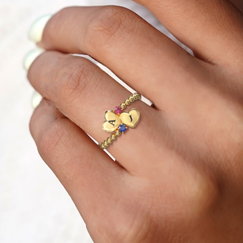 Engravable Double Heart Ring with Birthstones – 18K Gold Plated Silver with Alexandrite