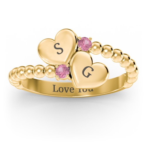 Engravable Double Heart Ring with Birthstones – 18K Gold Plated Silver with Pink Tourmaline
