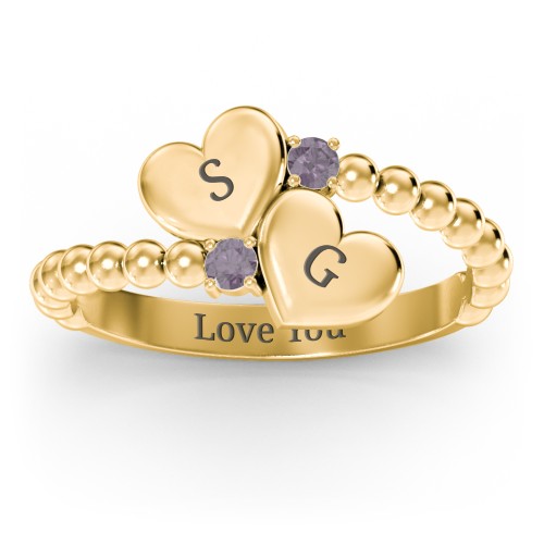 Engravable Double Heart Ring with Birthstones – 18K Gold Plated Silver with Alexandrite