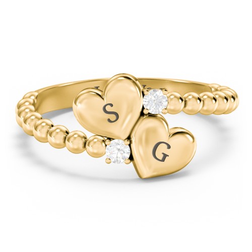 Engravable Double Heart Ring with Birthstones – 18K Gold Plated Silver with Diamond
