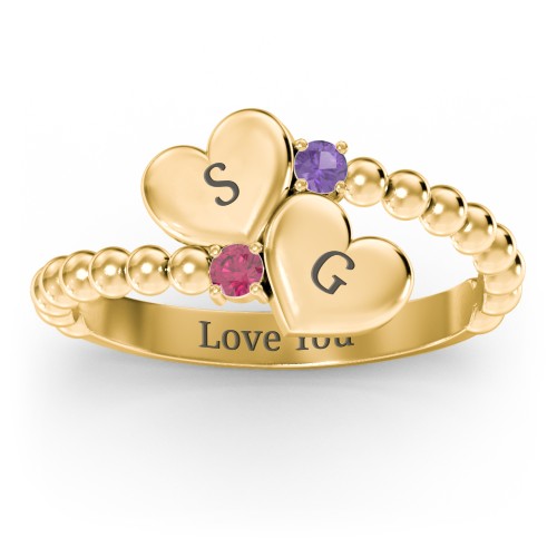 Engravable Double Heart Ring with Birthstones – 10K Yellow Gold with Amethyst and Ruby