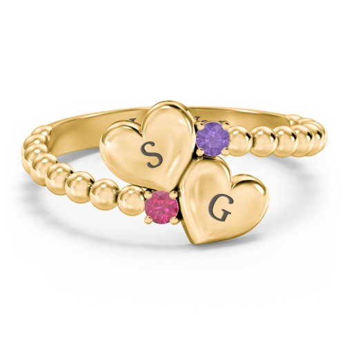 Engravable Double Heart Ring with Birthstones – 10K Yellow Gold with Amethyst and Ruby