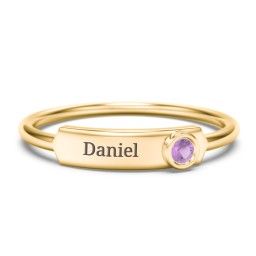 Engravable Bar Ring with Birthstone in 10K Solid Yellow Gold with Amethyst