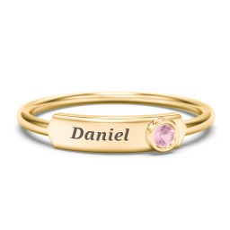 Engravable Bar Ring with Birthstone in 10K Solid Yellow Gold with Pink Tourmaline