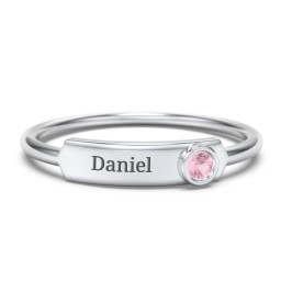 Engravable Bar Ring with Birthstone in 925 Sterling Silver with Pink Tourmaline