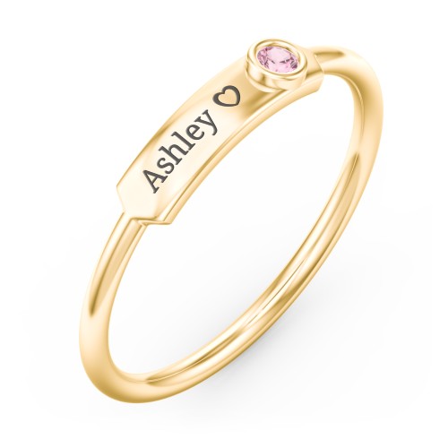 Engravable Bar Ring with Birthstone – 10K Yellow Gold with Pink Tourmaline