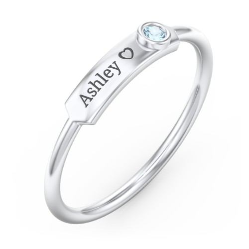 Engravable Bar Ring with Birthstone – Sterling Silver with Blue Topaz