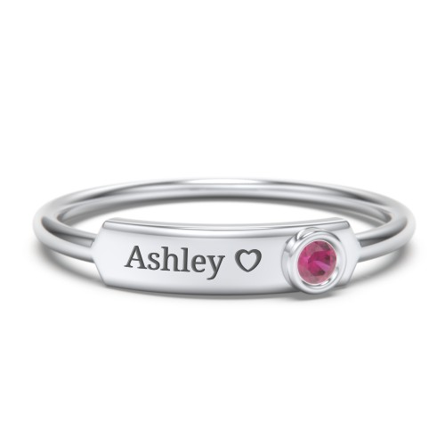 Engravable Bar Ring with Birthstone – Sterling Silver with Ruby