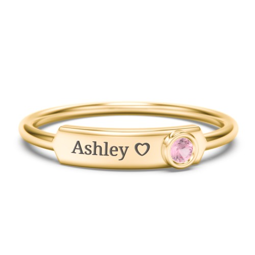 Engravable Bar Ring with Birthstone – 10K Yellow Gold with Pink Tourmaline