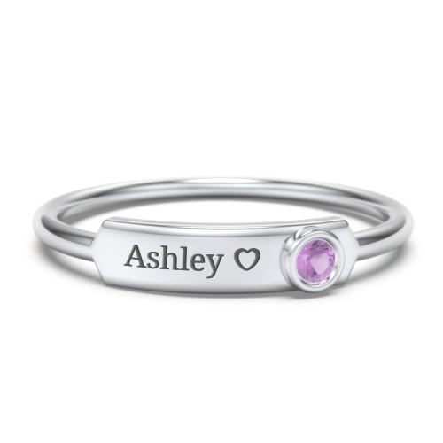 Engravable Bar Ring with Birthstone – Sterling Silver with Amethyst