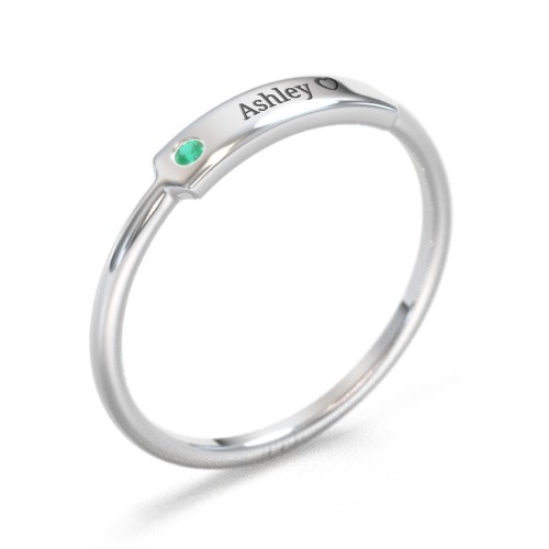 Engravable Bar Ring with Birthstone – Sterling Silver with Emerald