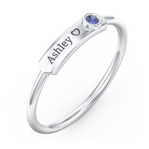 Engravable Bar Ring with Birthstone – Sterling Silver with Blue Sapphire