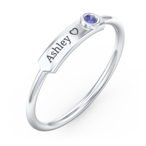 Engravable Bar Ring with Birthstone – Sterling Silver with Blue Sapphire