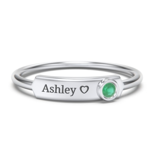 Engravable Bar Ring with Birthstone – Sterling Silver with Emerald
