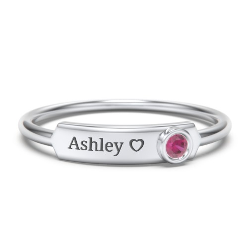 Engravable Bar Ring with Birthstone – Sterling Silver with Ruby