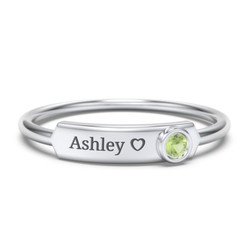 Engravable Bar Ring with Birthstone – Sterling Silver with Peridot
