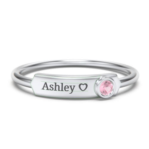 Engravable Bar Ring with Birthstone – Sterling Silver with Pink Tourmaline
