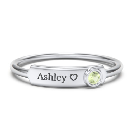 Engravable Bar Ring with Birthstone – Sterling Silver with Peridot