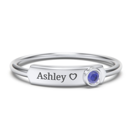 Engravable Bar Ring with Birthstone – Sterling Silver with Blue Sapphire
