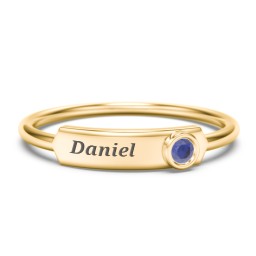 Engravable Bar Ring with Birthstone in 10K Solid Yellow Gold with Blue Sapphire