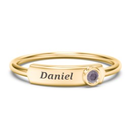 Engravable Bar Ring with Birthstone in 10K Solid Yellow Gold with Alexandrite